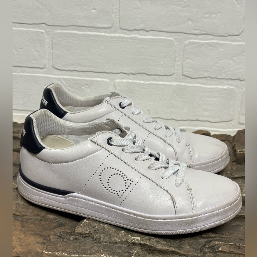 COACH Lowline Leather Low Top Sneaker in OpticWhite/Navy Women’s Size 7 G5040